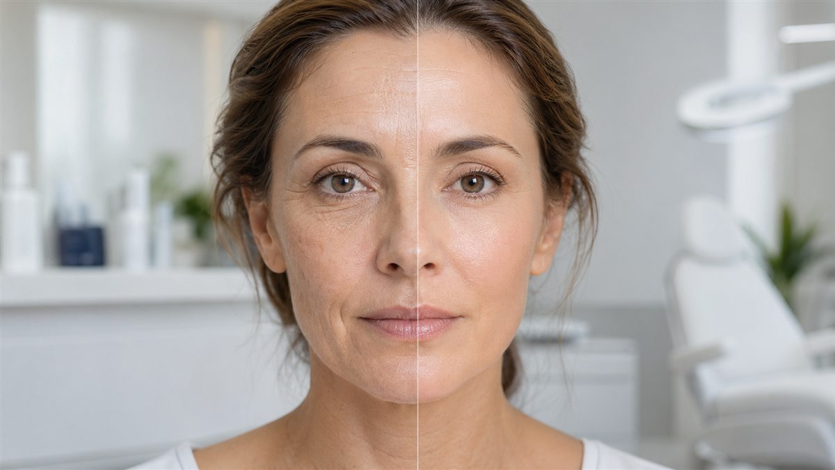 Visage avec comparaison subtile entre signes de l'âge et effet rajeuni